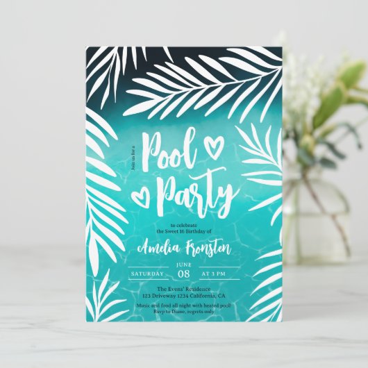 Tropisch palmblad blauw poolfeest Sweet 16 Kaart (Staand voorkant)