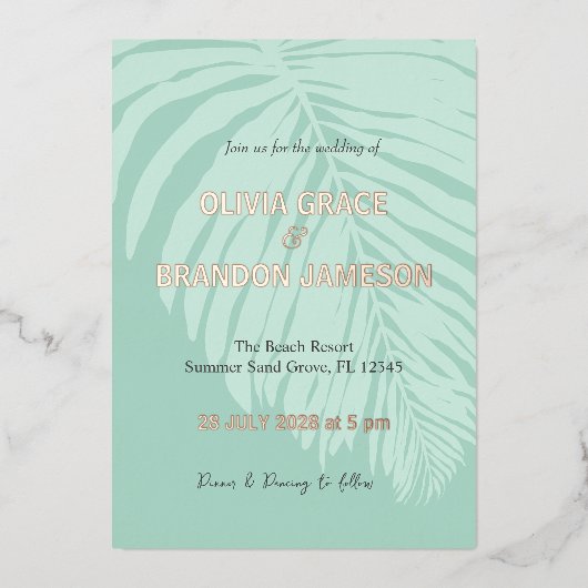 Tropisch palmblad bruiloft  folie uitnodiging (Voorkant)