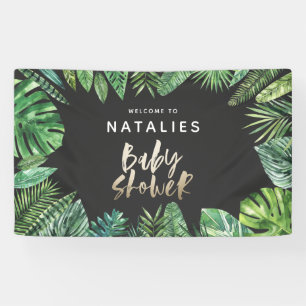 Tropisch palmblad en baby shower met gouden handsc spandoek