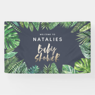 Tropisch palmblad en baby shower met gouden handsc spandoek