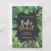 Tropisch palmblad en baby shower met goudscript save the date (Voorkant)