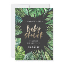 Tropisch palmblad en baby shower met goudscript