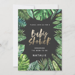 Tropisch palmblad en baby shower met goudscript save the date