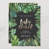 Tropisch palmblad en baby shower met goudscript save the date (Voorkant / Achterkant)