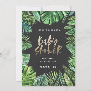 Tropisch palmblad en baby shower met goudscript save the date