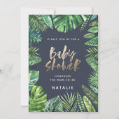 Tropisch palmblad en baby shower met goudscript save the date (Voorkant)