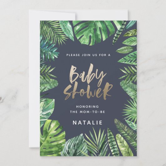 Tropisch palmblad en baby shower met goudscript save the date (Voorkant)