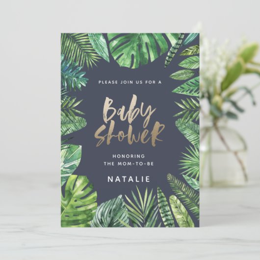 Tropisch palmblad en baby shower met goudscript save the date (Staand voorkant)