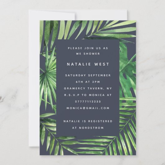 Tropisch palmblad en baby shower met goudscript save the date (Achterkant)