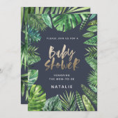 Tropisch palmblad en baby shower met goudscript save the date (Voorkant / Achterkant)