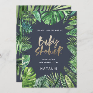 Tropisch palmblad en baby shower met goudscript save the date