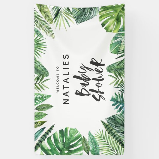 Tropisch palmblad en baby shower met script spandoek (Verticaal)