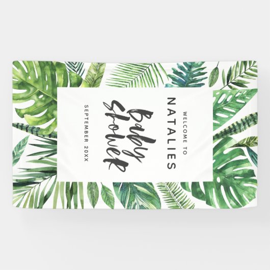 Tropisch palmblad en baby shower met script spandoek (Horizontaal)