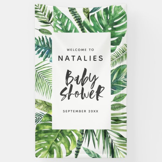 Tropisch palmblad en baby shower met script spandoek (Verticaal)