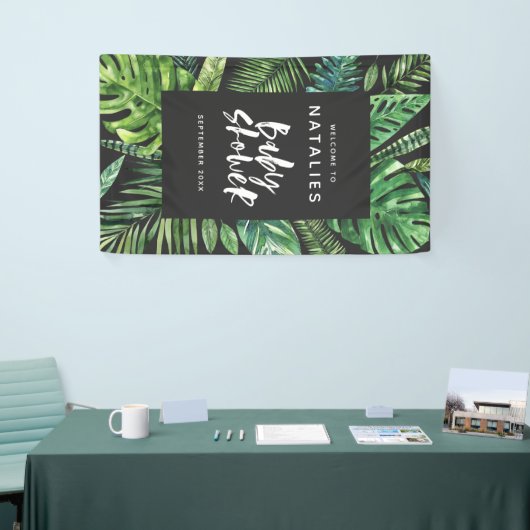 Tropisch palmblad en baby shower met script spandoek (Beurs)