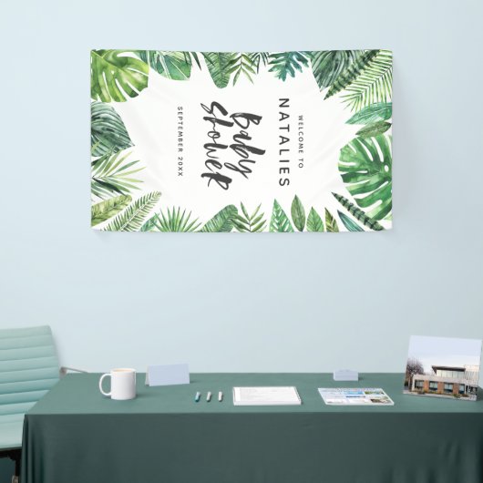 Tropisch palmblad en baby shower met script spandoek (Beurs)