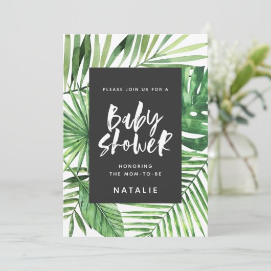 Tropisch palmblad en baby shower-uitnodiging voor save the date (Staand voorkant)