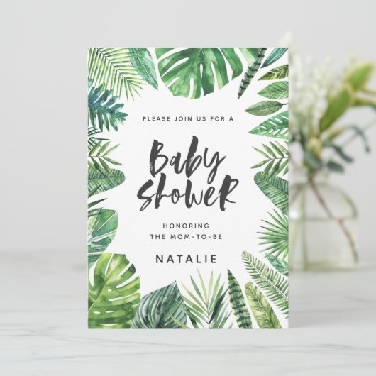 Tropisch palmblad en baby shower-uitnodiging voor save the date (Staand voorkant)