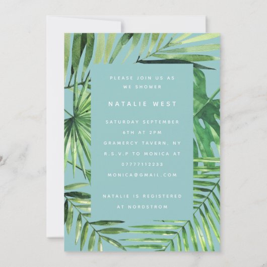 Tropisch palmblad en baby shower-uitnodiging voor  save the date (Achterkant)