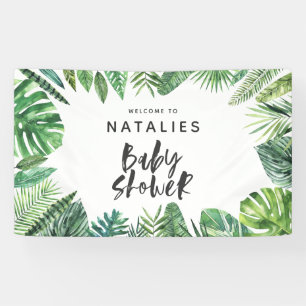 Tropisch palmblad en baby shower van het manuscrip spandoek