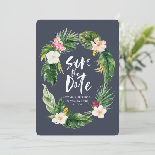 Tropisch palmblad en bladerblad met waterverf van save the date (Staand voorkant)