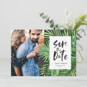 Tropisch palmblad en bladzijden voor schrijfpatron save the date (Staand voorkant)