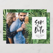 Tropisch palmblad en bladzijden voor schrijfpatron save the date (Voorkant / Achterkant)