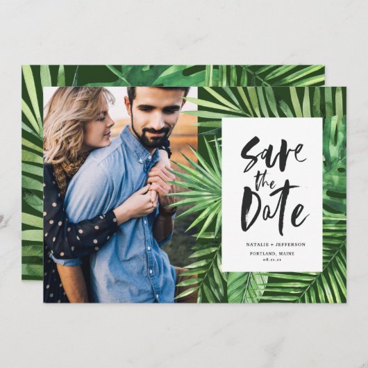 Tropisch palmblad en bladzijden voor schrijfpatron save the date (Voorkant / Achterkant)
