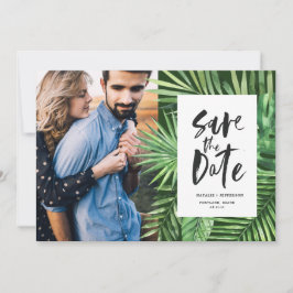 Tropisch palmblad en bladzijden voor schrijfpatron save the date
