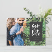 Tropisch palmblad en bladzijden voor schrijfpatron save the date (Staand voorkant)