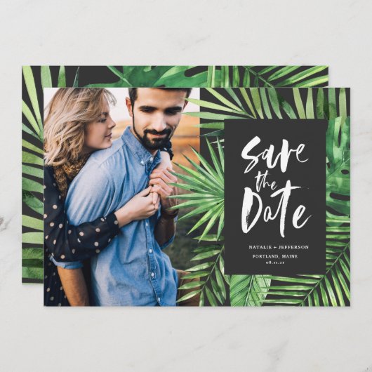 Tropisch palmblad en bladzijden voor schrijfpatron save the date (Voorkant / Achterkant)