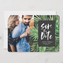 Tropisch palmblad en bladzijden voor schrijfpatron save the date