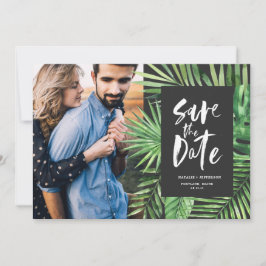 Tropisch palmblad en bladzijden voor schrijfpatron save the date