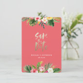 Tropisch palmblad en bloemgoudschrift save the date (Staand voorkant)