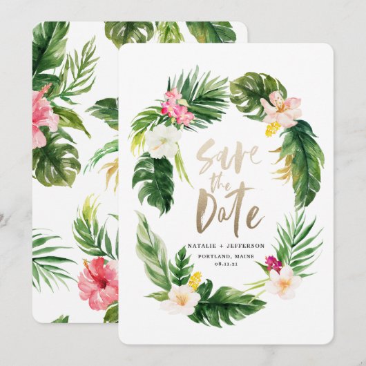 Tropisch palmblad en bloemgoudschrift save the date (Voorkant / Achterkant)