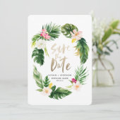 Tropisch palmblad en bloemgoudschrift save the date (Staand voorkant)