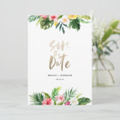 Tropisch palmblad en bloemgoudschrift save the date (Staand voorkant)