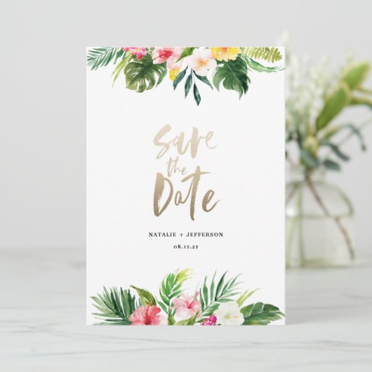 Tropisch palmblad en bloemgoudschrift save the date (Staand voorkant)