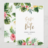 Tropisch palmblad en bloemgoudschrift save the date (Voorkant / Achterkant)