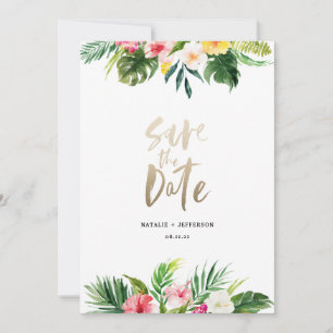 Tropisch palmblad en bloemgoudschrift save the date