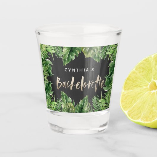 Tropisch palmblad en gouden bachelorette met scrip shot glas (Voorkant)