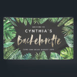 Tropisch palmblad en gouden bachelorette met scrip spandoek<br><div class="desc">Moderne waterverf van tropisch palmblad met bladergoudbladergoudvormig effect bachelorette party banner. Handgeschilderde tekst van het effect manuscript. Deel van een collectie over trendmatige zomer. De achtergrondkleur kan worden gewijzigd.</div>