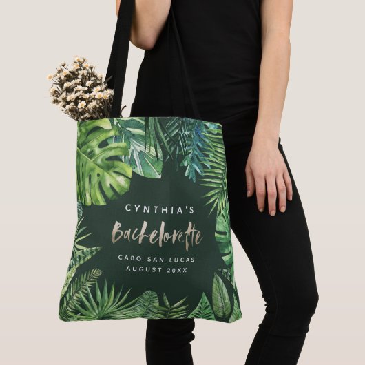Tropisch palmblad en gouden bachelorette met scrip tote bag (Dichtbij)