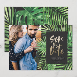 Tropisch palmblad en gouden bladzijden met bladzij save the date