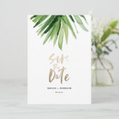 Tropisch palmblad en goudschrift save the date (Staand voorkant)