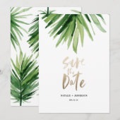 Tropisch palmblad en goudschrift save the date (Voorkant / Achterkant)
