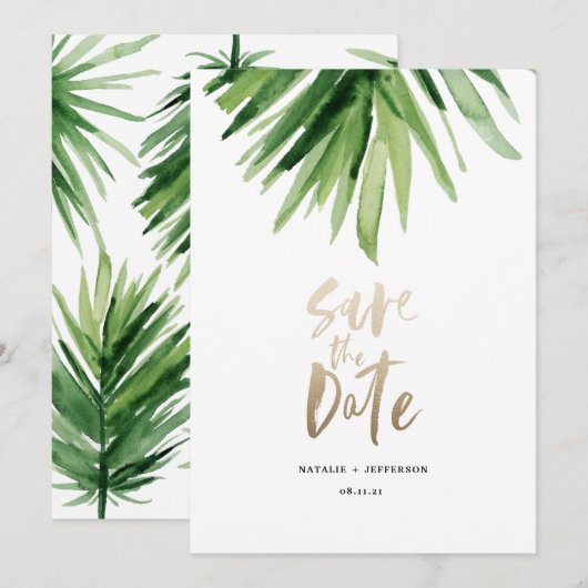 Tropisch palmblad en goudschrift save the date (Voorkant / Achterkant)