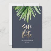 Tropisch palmblad en goudschrift save the date (Voorkant)
