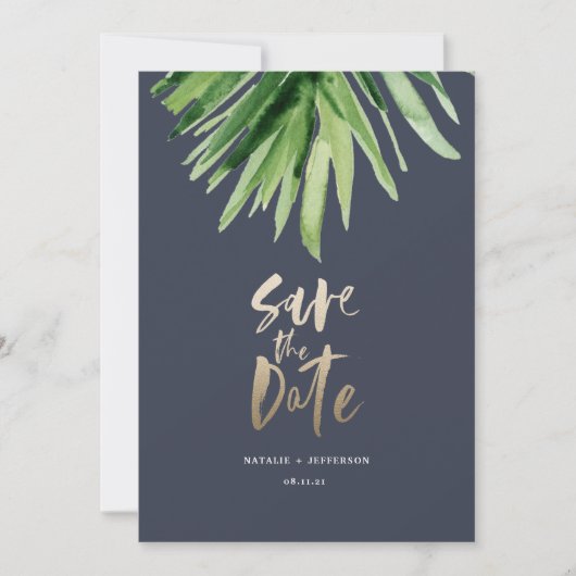 Tropisch palmblad en goudschrift save the date (Voorkant)