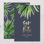 Tropisch palmblad en goudschrift save the date (Voorkant / Achterkant)